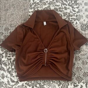 Zaful Brown Collared Zip-Up Women Cropped Top size S